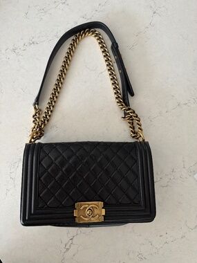 Chanel Small Boy Bag Black Quilted Calfskin Antique Gold Hardware Crossbody